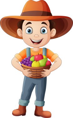 Çizgi filmci çocuk elinde meyve sepeti tutuyor.