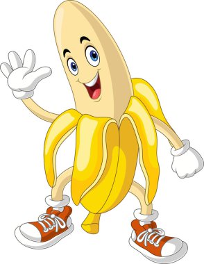 Çizgi film mutlu muz maskotu el sallıyor.