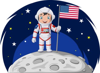 Çizgi film genç astronotu Ay 'da duruyor ve elinde Amerikan bayrağı var.