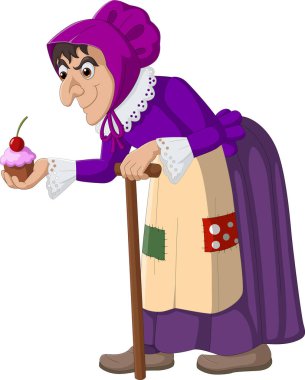 Çizgi filmde elinde kek tutan zavallı yaşlı kadın.