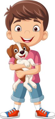 Çizgi film çocuğu köpek tutuyor.