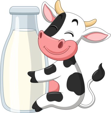 Çizgi film mutlu inek bir şişe süt tutuyor.