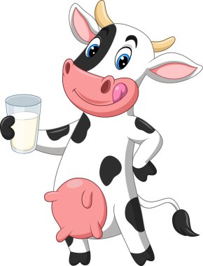 Çizgi film mutlu inek bir safra süt tutuyor.