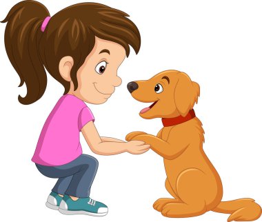 Küçük kızın küçük köpekle eğlendiği karikatür çizimi.