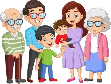 Mutlu bir ailenin vektör çizimi, anne, baba, çocuklar, büyükanne ve büyükbaba