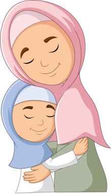 Müslüman bir annenin kızına sarılmasının karikatür çizimi.