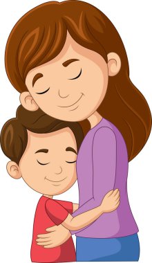 Oğluna sarılan bir annenin çizgi film çizimi.