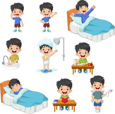 Bir çocuğun günlük rutininin karikatür çizimi