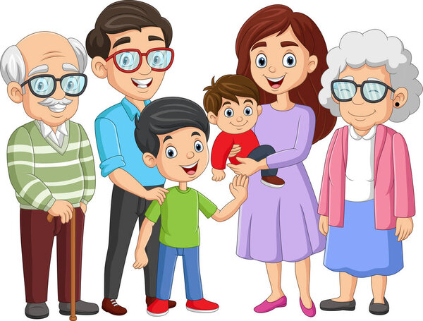 Векторная иллюстрация счастливой семьи, матери, отца, детей, бабушки и дедушки