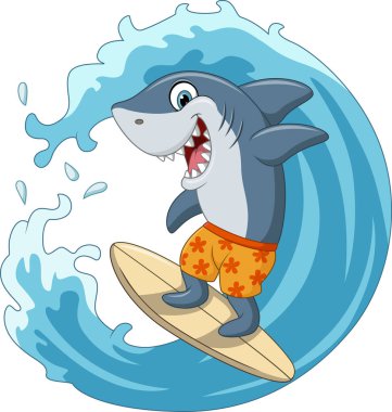 Çizgi filmdeki komik köpekbalığı büyük bir dalgada sörf yapıyor.