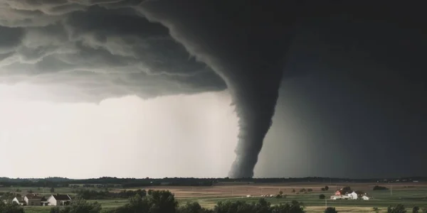 Super Cyclone Tornado Vormen Vernietiging Een Groen Bewoond Landschap — Stockfoto