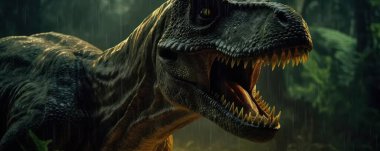 Tyrannosaurus ya da T-Rex sinemanın ışığıyla cangıldan dışarı bakıyor.