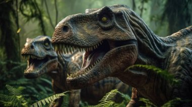 Tyrannosaurus ya da T-Rex sinemanın ışığıyla cangıldan dışarı bakıyor.