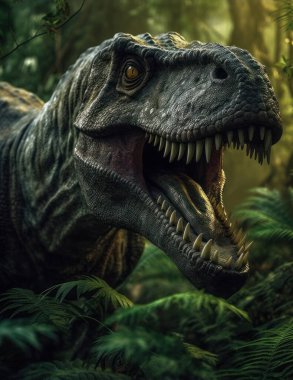 Tyrannosaurus ya da T-Rex sinemanın ışığıyla cangıldan dışarı bakıyor.