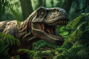 Tyrannosaurus ya da T-Rex sinemanın ışığıyla cangıldan dışarı bakıyor.