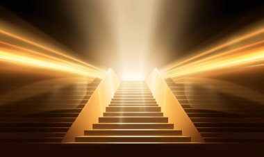 Işık ışınlı altın podyum merdivenleri. Lüks Sahne