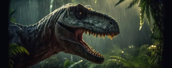Tyrannosaurus Rex Κοιτώντας Έξω Από Ζούγκλα Ξέσπασε Κινηματογραφικό Φως — Φωτογραφία Αρχείου