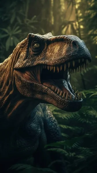 Tiranosaurio Rex Mirando Desde Jungla Estallar Con Luz Cinematográfica —  Fotos de Stock
