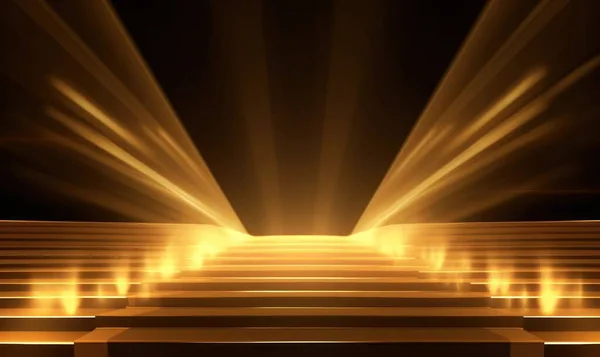 Golden podium stairs with light rays. Luxury Stage scene