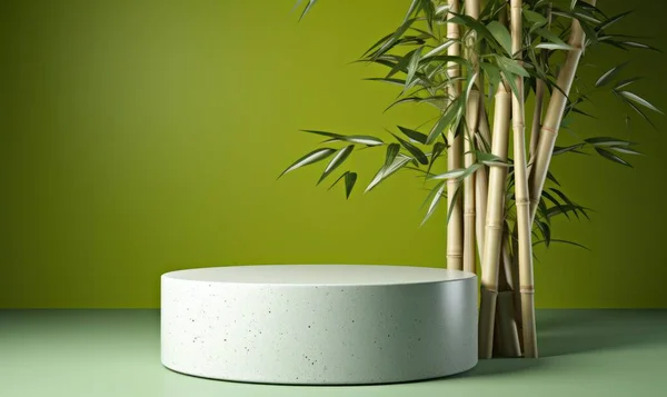 stock image Empty round marble stone platform podium with bamboo tree on green background. Product display presentation concept