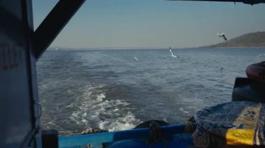 Martılar teknenin arkasında uçuyor, dikiz aynasından çekiliyor. Sahnenin diğer tarafında bir köprü ve dağ görülebilir..