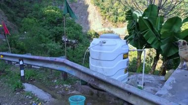 Rishikesh, Hindistan - 08 Ocak 2025: Himalaya yolunun yakınındaki bir kovayı bir musluk dolduruyor. Bir köpek musluğun yanında oturur ve havlar, sahneye büyüleyici bir dokunuş katar..