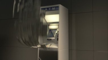 Finansal ve iş kavramı. Para çekmek için kullanılan ATM. Müşteri okuyucuya plastik bir kart koydu ve pimi girdi. Para yuvadan fırladı ve yere düştü..