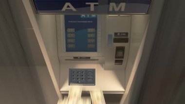 Finansal ve iş kavramı. Para çekmek için kullanılan ATM. Müşteri okuyucuya plastik bir kart koydu ve pimi girdi. Para yuvadan fırladı ve yere düştü..