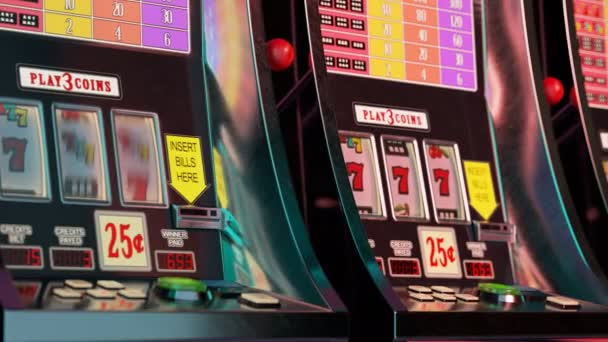 カジノ内装のシームレスループアニメーションで レトロスロットマシンが並んでいます スピニングワンハンドバンディットドラム ラスベガスカラフルでネオンギャンブルのテーマ ジャックポット リスク 4Kについて — ストック動画