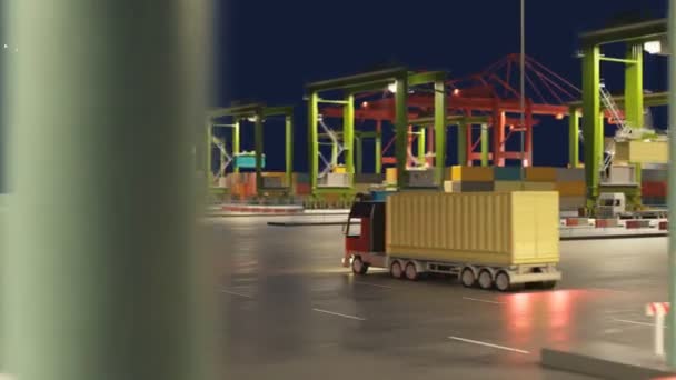 多くのクレーン 貨物船を備えた忙しい海上コンテナ港ターミナルでの労働者のアニメーション 海上からの商業商品の輸送 輸出とインポート — ストック動画