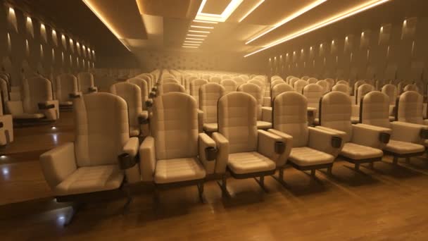 大的空荡荡的电影院或剧场 有舒适的皮革座椅 在没有观众的情况下放映电影前的礼堂 展示娱乐 娱乐和艺术的电影氛围 — 图库视频影像