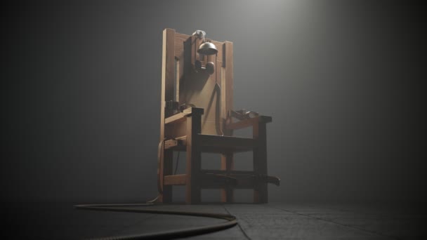 Old Wooden Electric Chair Soft Spotlight Foggy Room Full Smoke — Stock Video