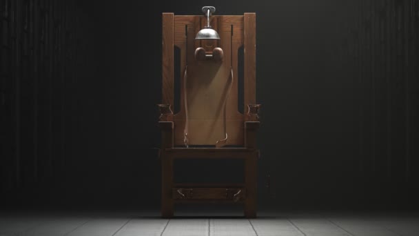 刑務所のブロックにある古い木製電気椅子 カメラ人形ズーム バーティゴ ゾリームーブメント 死刑判決の実現という衝撃的な瞬間 資本犯罪としての処刑 究極の罰 — ストック動画