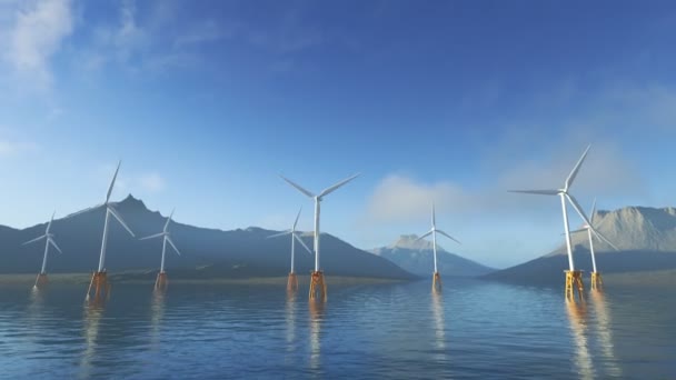 Merituulimyllyn Tila Vedessä Useita Tuuliturbiineja Jotka Tuottavat Sähköä Käyttäen Tuulen — kuvapankkivideo