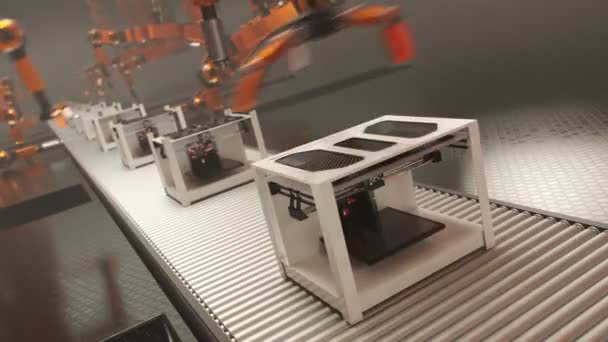 Bunte Orangefarbene Roboterarme Montieren Einen Drucker Einer Fabriklinie Schnelle Effiziente — Stockvideo
