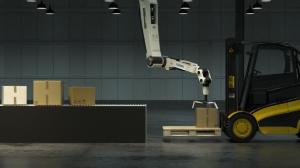 Modern Advanced Robot Arm Loading Stacking Cargo Boxes Line Forklift — Stock Video