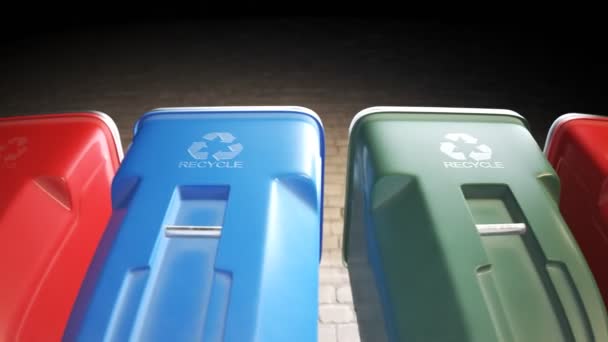 Caixas Lixo Coloridas Plástico Com Logotipo Reciclagem Frente Empilhadas Uma — Vídeo de Stock