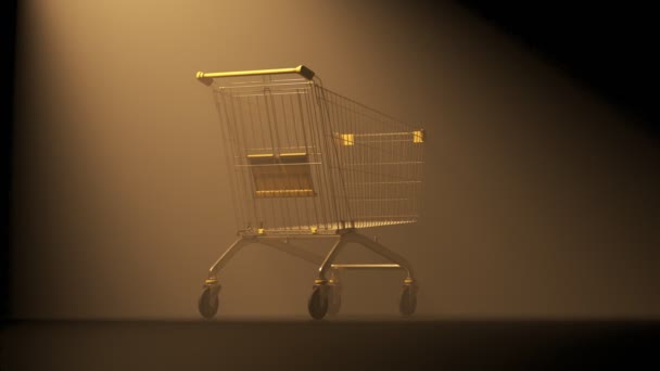 One Empty Metal Shopping Cart Dark Dusty Scene Illuminated Strong — Stock Video