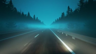 Yüksek hızda sisli bir yolda yarışmak. Sonsuz, dikişsiz çam ağaçları çevresi. Sonsuz yol sisli sinemada araba farlarıyla aydınlatılıyor. Döndürülebilir canlandırma