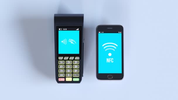 Draadloze Betaling Van Smartphone Naar Terminal Snelle Nfc Overdracht Tussen — Stockvideo