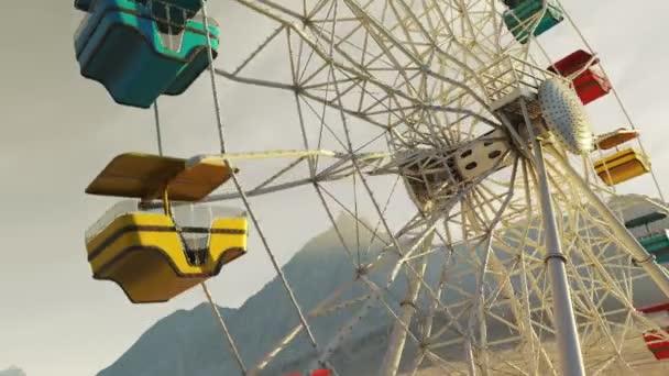 Big Colorful Ferris Wheel Spinning Slowly Mountain Landscape Beautiful Sunset — Stock Video