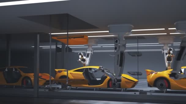 Moderno Automatizado Carro Fábrica Fabricação Supercarros Braços Robóticos Criando Veículos — Vídeo de Stock