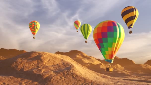Красочные Воздушные Шары Летящие Над Горами Пустынным Ландшафтом Время Заката — стоковое видео
