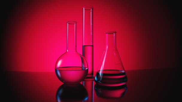 Три Різні Лабораторні Скляні Вироби Темно Рожевому Тлі Скляна Колба — стокове відео