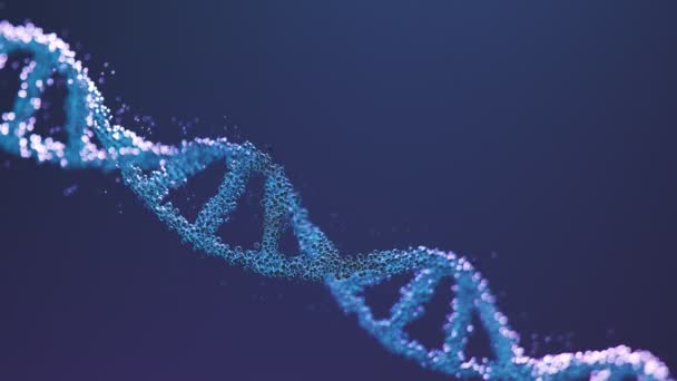입자와 어두운 파란색 배경에 거품에서 Dna 나선형의 원활한 애니메이션 유전자 — 비디오