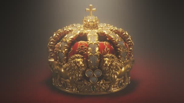 Королевская Винтажная Золотая Корона Крестом Львами Символизирует Царство Монархии Королевскую — стоковое видео