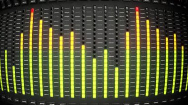 Renkli yeşil, turuncu ve kırmızı ışıklar ses düzeyini gösteriyor. Parlak ışık efekti, ses spektrumunun dijital temsili sonsuz, kusursuz bir döngü animasyonunda.