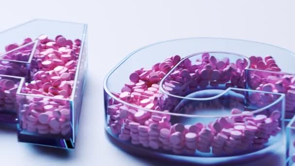 Talloze Roze Anticonceptiepillen Een Glazen Container Vorm Van Een Anticonceptieteken — Stockvideo