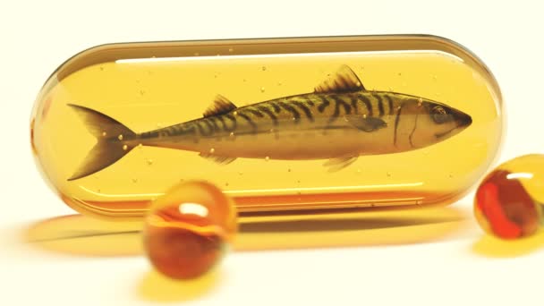 把鲭鱼包封在大的黄色凝胶片中 欧米茄3 维生素D 鳕鱼肝油胶囊白色背景 健康的生活方式 药物概念 — 图库视频影像