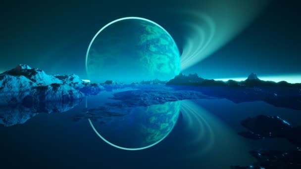 Alien Reflexão Planeta Mistério Grande Mar Lago Cercado Por Paisagem — Vídeo de Stock